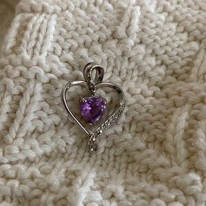 925 Silver and Amethyst Heart Pendant with White Stone Accents